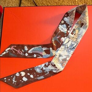 Silk Scarf Twilly with Whimsical Print - Brown & Cream